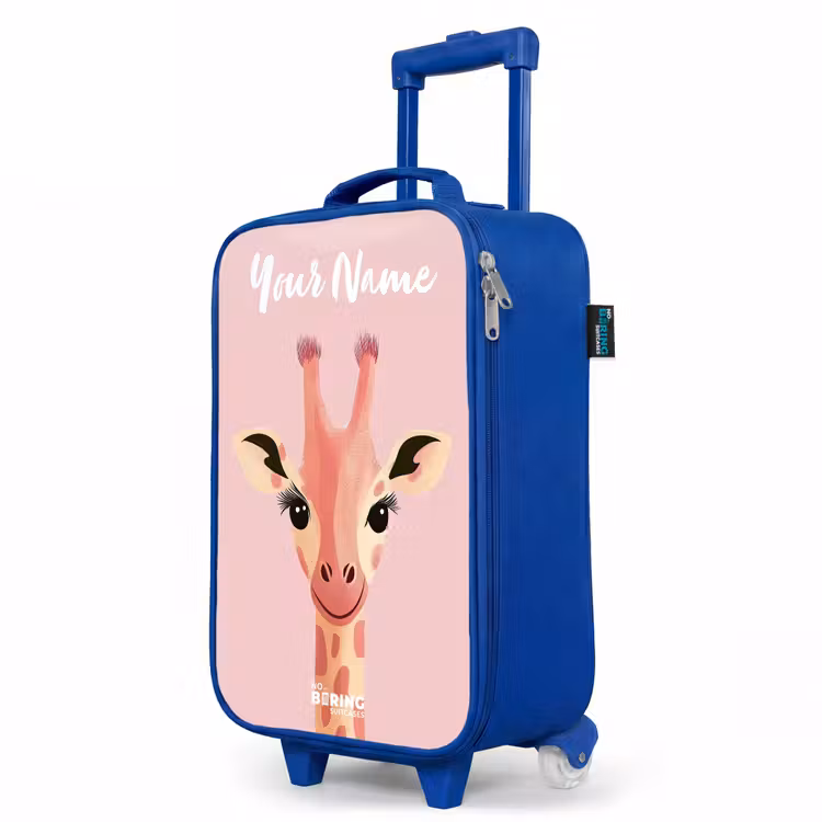 Giraffe - Wimpers - Minimalistisch - Roze Kinderkoffer - Blauw klein -productfoto_schuin