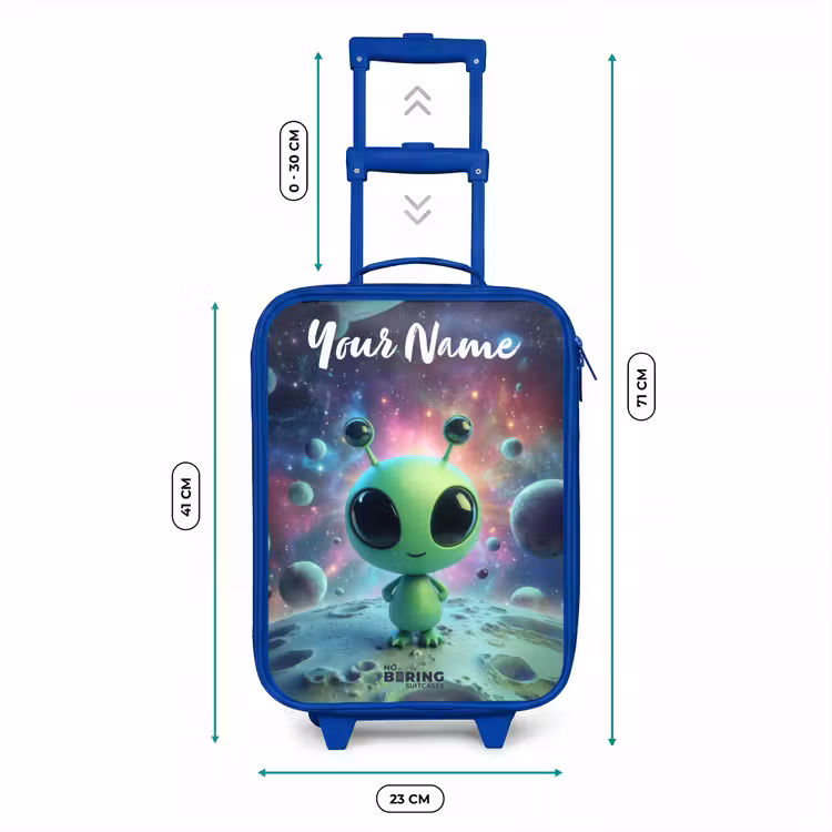 Groen buitenaards wezentje op maanlandschap Kinderkoffer - Blauw klein -productfoto_formaten