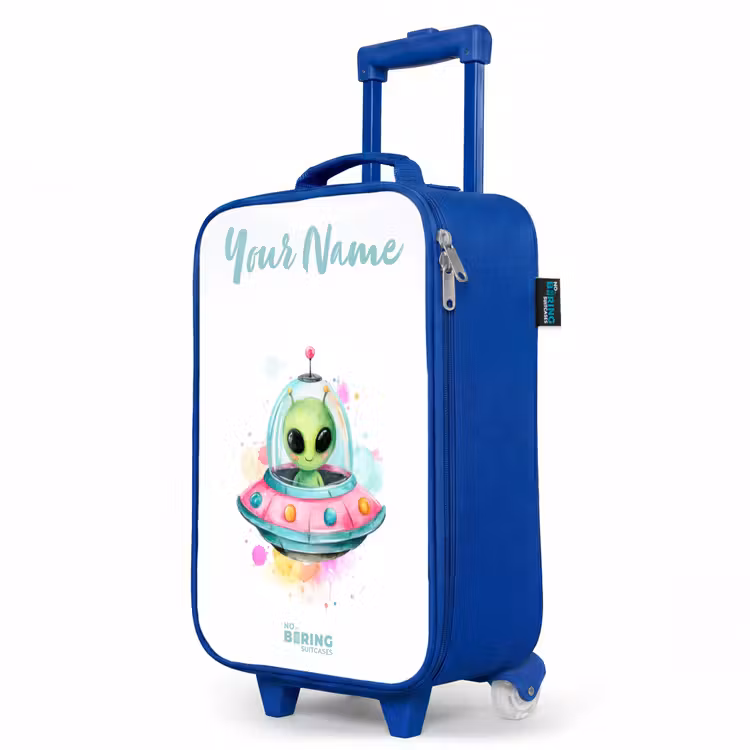 Groene alien in kleurrijke UFO Kinderkoffer - Blauw klein -productfoto_schuin