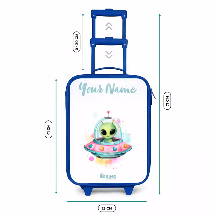 Groene alien in kleurrijke UFO Kinderkoffer - Blauw klein -productfoto_formaten