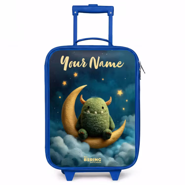 Groen monster op maansikkel Kinderkoffer - Blauw klein -3d
