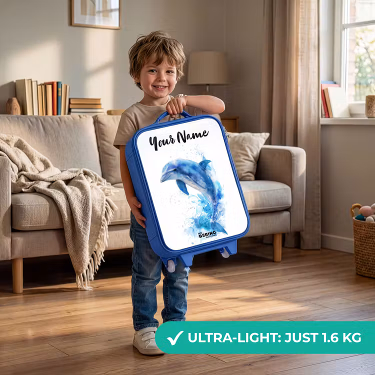 Springende blauwe dolfijn Kinderkoffer - Blauw klein -sfeer2_EN