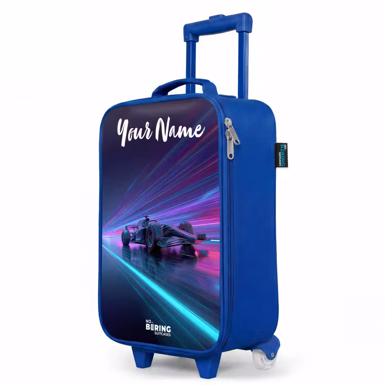 Lichtstralen - Neon - Racewagen - Paars Kinderkoffer - Blauw klein -productfoto_schuin