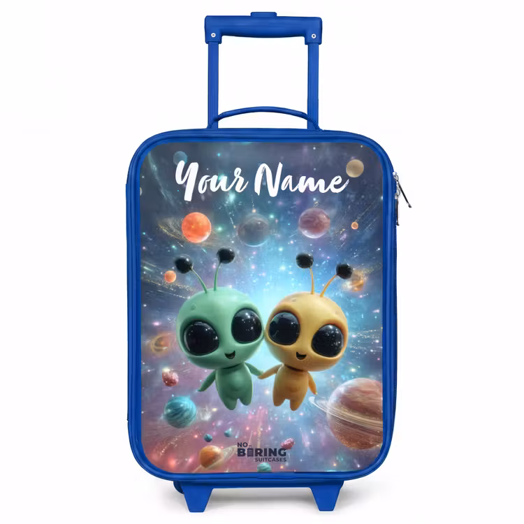 Vrolijke buitenaardse vrienden Kinderkoffer - Blauw klein -3d