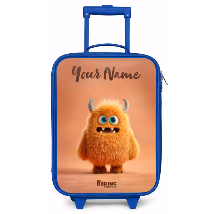 Oranje Pluizig Monster met Hoorns Kinderkoffer - Blauw klein -zz3dotto