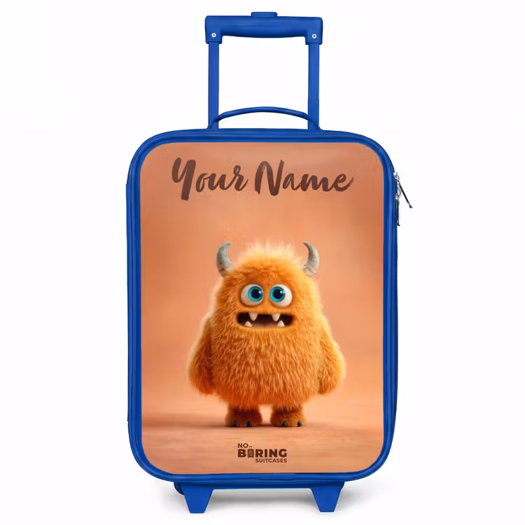 Oranje Pluizig Monster met Hoorns Kinderkoffer - Blauw klein -3d