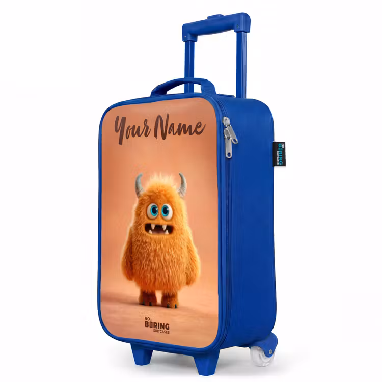 Oranje Pluizig Monster met Hoorns Kinderkoffer - Blauw klein -productfoto_schuin