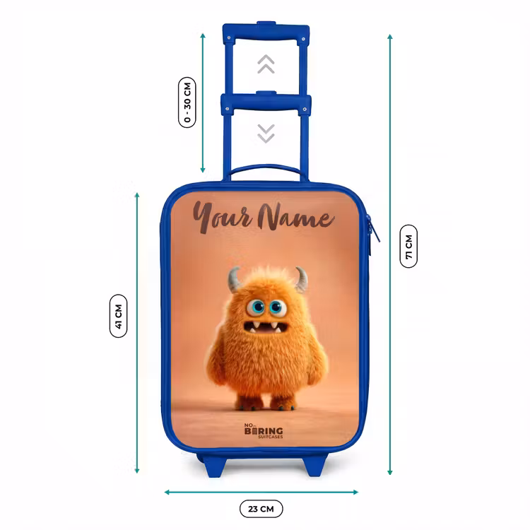 Oranje Pluizig Monster met Hoorns Kinderkoffer - Blauw klein -productfoto_formaten