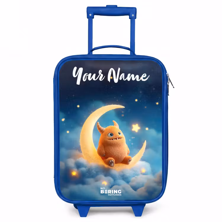 Oranje monster op maansikkel Kinderkoffer - Blauw klein -3d
