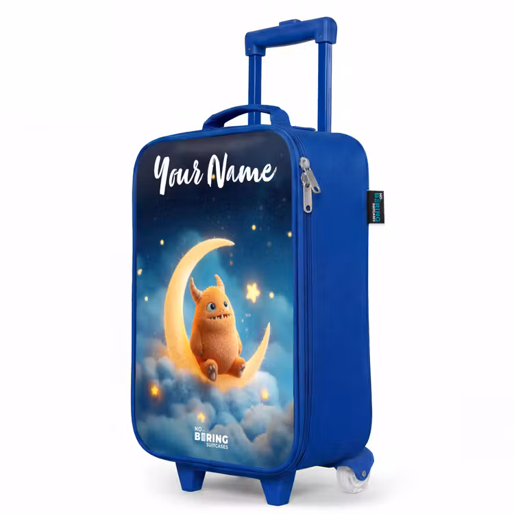 Oranje monster op maansikkel Kinderkoffer - Blauw klein -productfoto_schuin