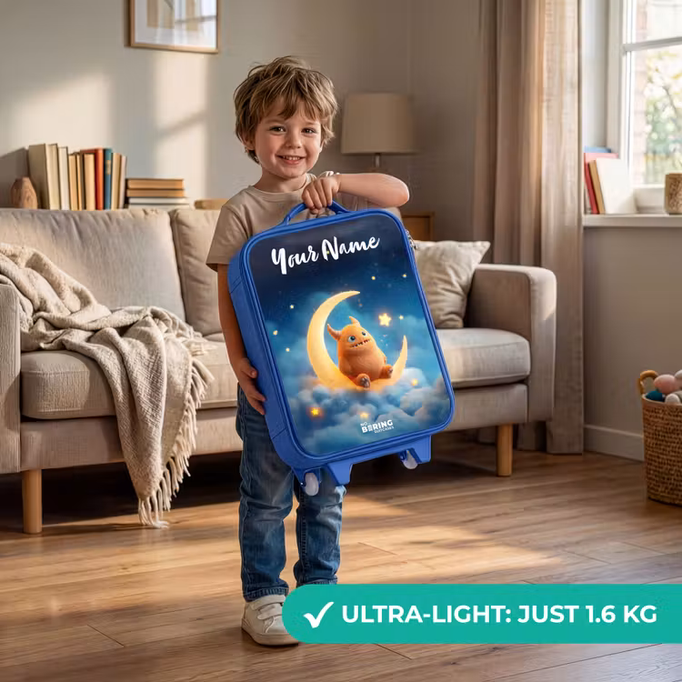 Oranje monster op maansikkel Kinderkoffer - Blauw klein -sfeer2_EN