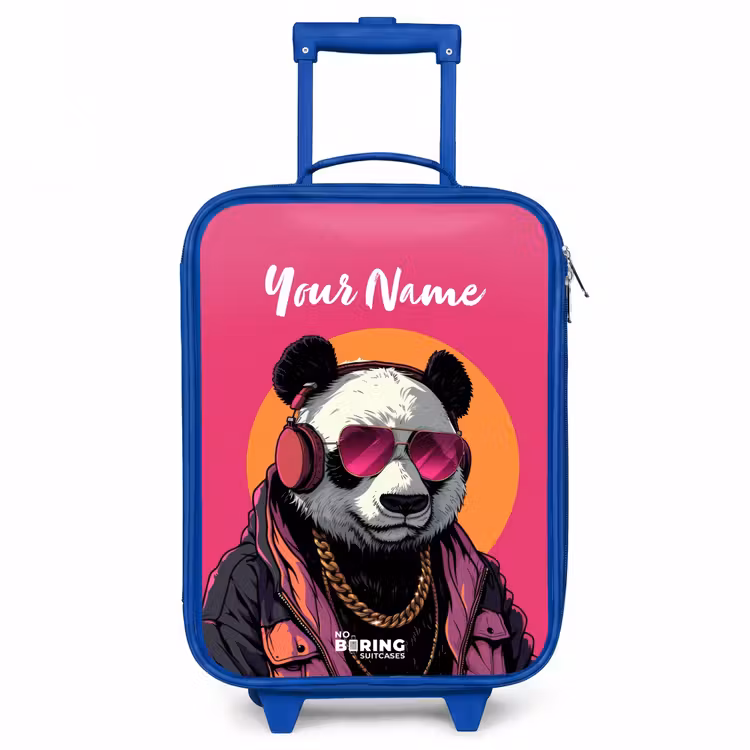 Panda met Koptelefoon, Zonnebril en Gouden Ketting Kinderkoffer - Blauw klein -3d