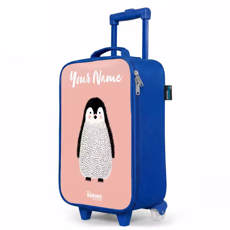 Pinguïn - Stippen - Roze - Minimalistisch Kinderkoffer - Blauw klein -productfoto_schuin