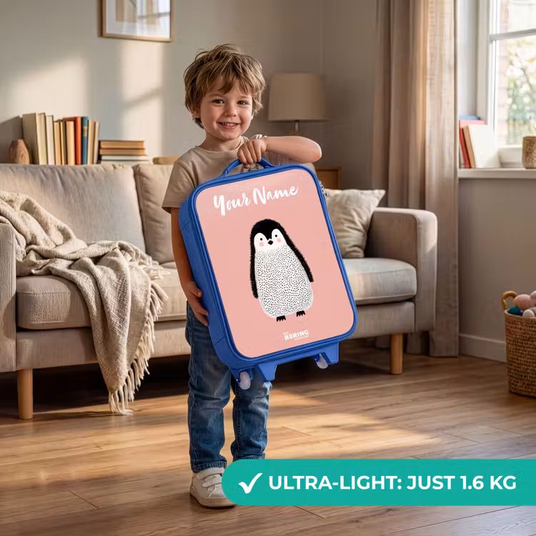 Pinguïn - Stippen - Roze - Minimalistisch Kinderkoffer - Blauw klein -sfeer2_EN
