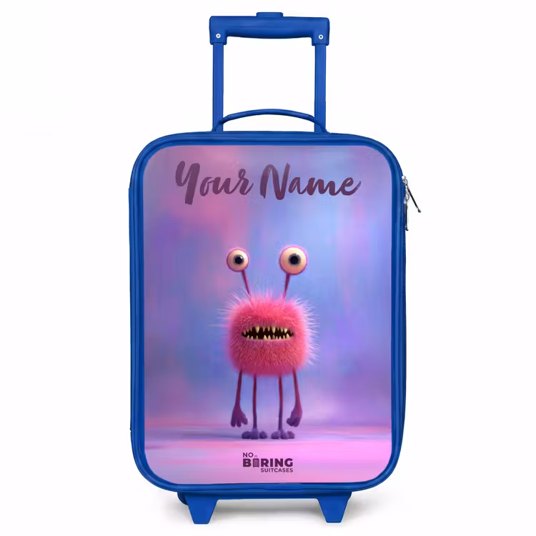 Roze harig monster met grote ogen Kinderkoffer - Blauw klein -3d