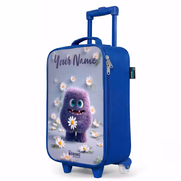 Paars Pluizig Vriendje met Madelief Kinderkoffer - Blauw klein -productfoto_schuin
