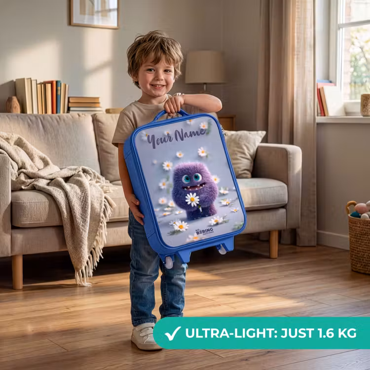 Paars Pluizig Vriendje met Madelief Kinderkoffer - Blauw klein -sfeer2_EN
