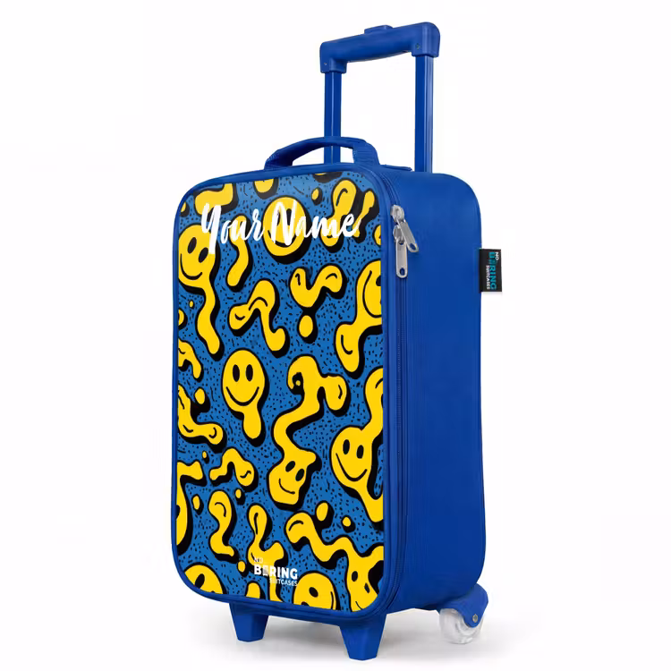 Smiley - Geel - Blauw Kinderkoffer - Blauw klein -productfoto_schuin