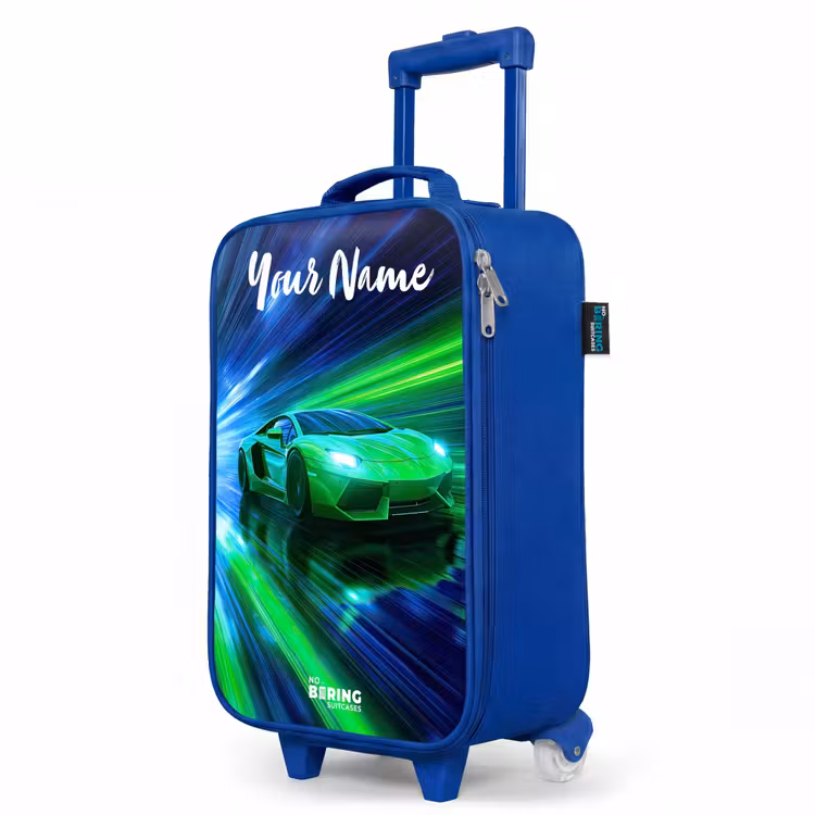 Sportauto - Groen - Snelheidslijnen - Neon Kinderkoffer - Blauw klein -productfoto_schuin