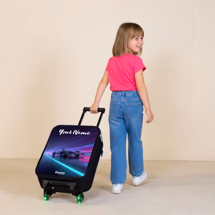 Lichtstralen - Neon - Racewagen - Paars Kinderkoffer - Zwart klein -sfeer1
