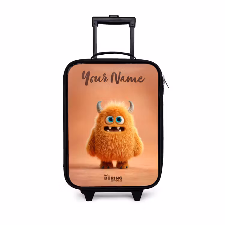 Oranje Pluizig Monster met Hoorns Kinderkoffer - Zwart klein -3d