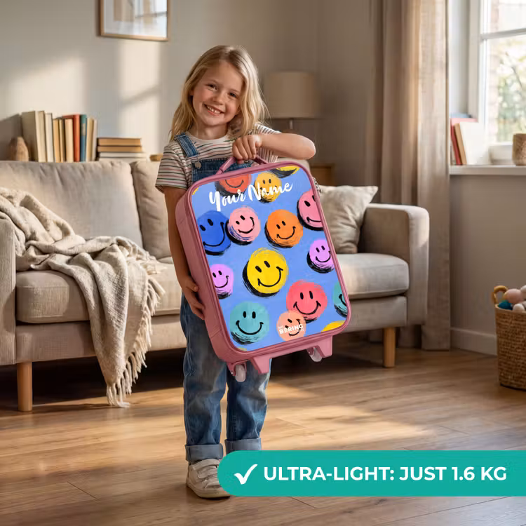 Een speels en kunstzinnig patroon van kleurrijke smileys Kinderkoffer - Roze klein -sfeer2_EN