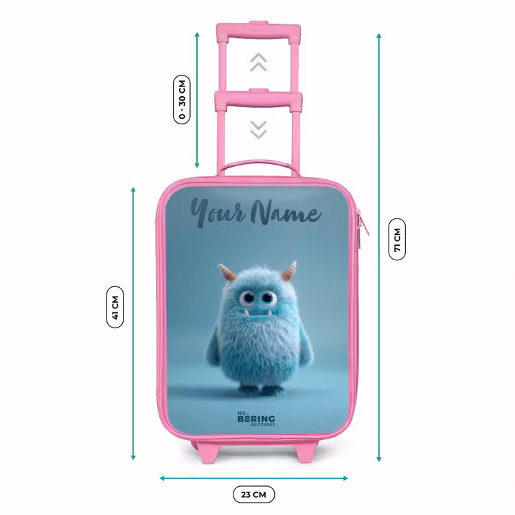 Blauw pluizig monster met hoorns Kinderkoffer - Roze klein -productfoto_formaten