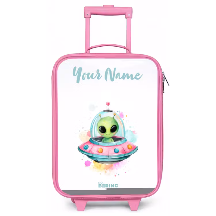 Groene alien in kleurrijke UFO Kinderkoffer - Roze klein -zz3dotto