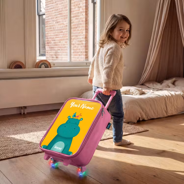 Nijlpaard - Vogels - Geel Kinderkoffer - Roze klein -sfeer1