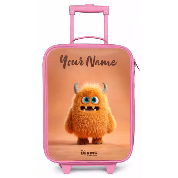 Oranje Pluizig Monster met Hoorns Kinderkoffer - Roze klein -zz3dotto