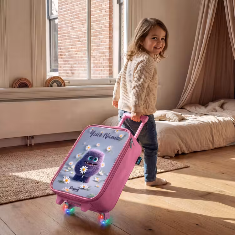 Paars Pluizig Vriendje met Madelief Kinderkoffer - Roze klein -sfeer1