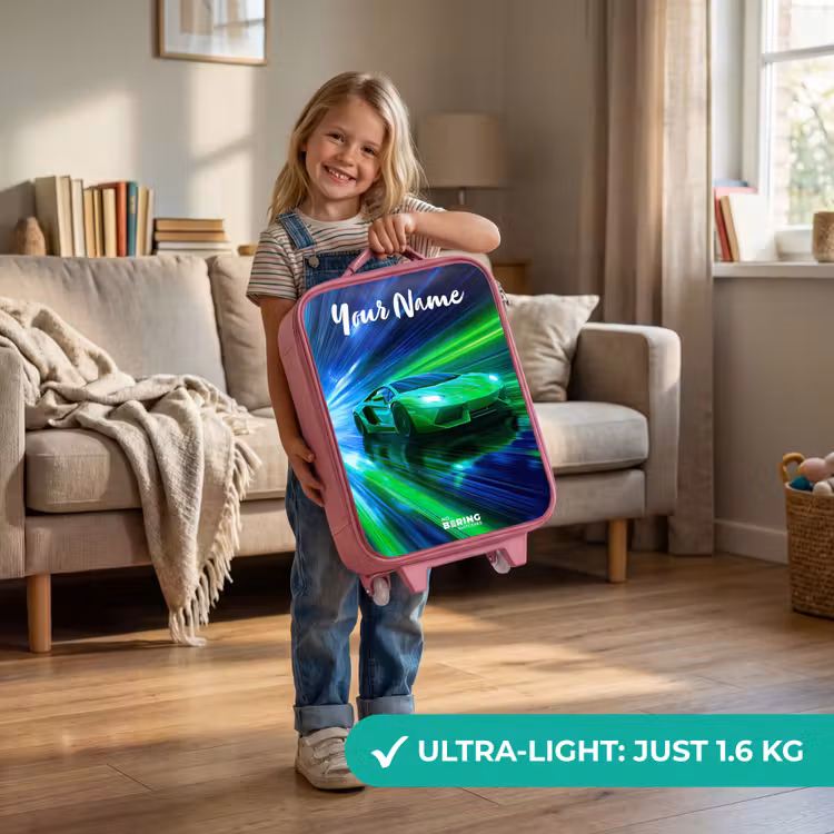 Sportauto - Groen - Snelheidslijnen - Neon Kinderkoffer - Roze klein -sfeer2_EN