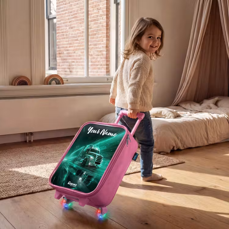 Vrachtwagen - Stad - Groen - Neon Kinderkoffer - Roze klein -sfeer1
