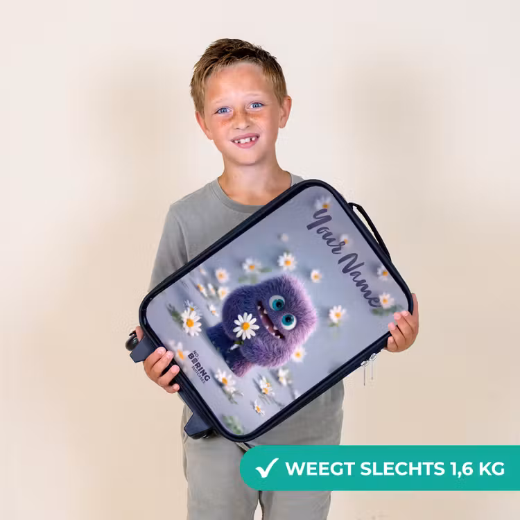 Paars Pluizig Vriendje met Madelief Kinderkoffer - Zwart klein -sfeer4_NL