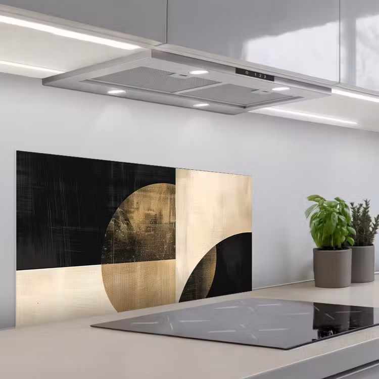 Abstract - Cirkels - Zwart - Goud keuken achterwand spatscherm middel -3d_schuin