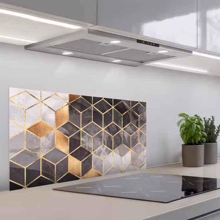 Abstract - Kubus - Goud - Patronen - Zwart - Wit keuken achterwand spatscherm middel -3d_schuin