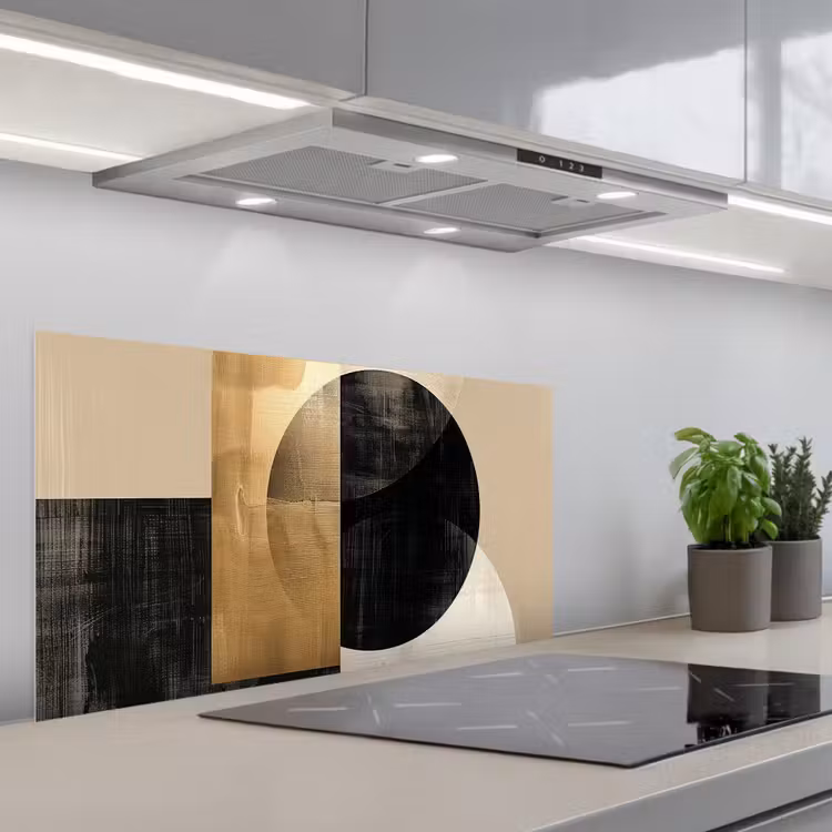 Abstract - Goud - Zwart - Kunst keuken achterwand spatscherm middel -3d_schuin