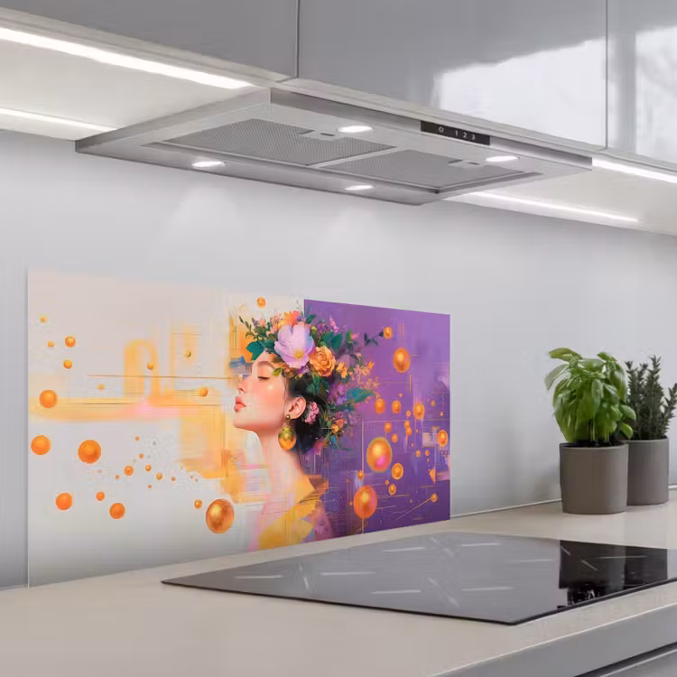 Abstract - Vrouw - Bloemenkroon - Goud keuken achterwand spatscherm middel -3d_schuin