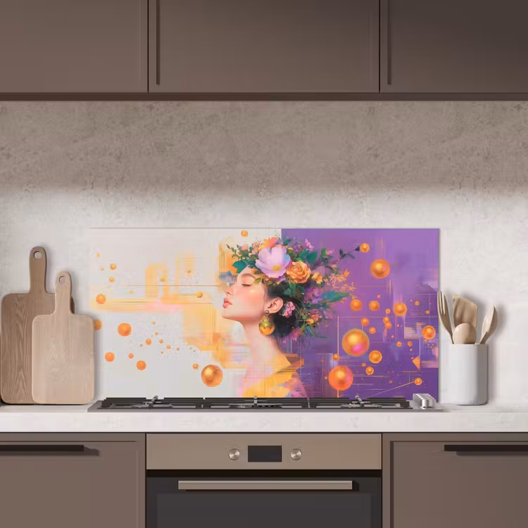 Abstract - Vrouw - Bloemenkroon - Goud keuken achterwand spatscherm middel -sfeer2