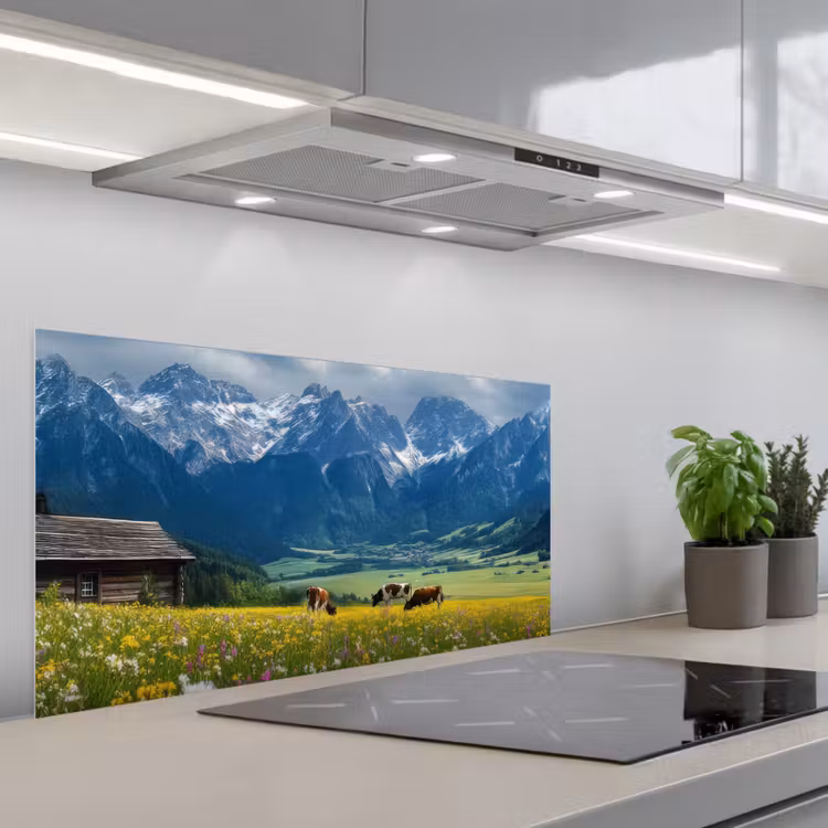 Alpen - Weide - Bergen - Koeien keuken achterwand spatscherm middel -3d_schuin