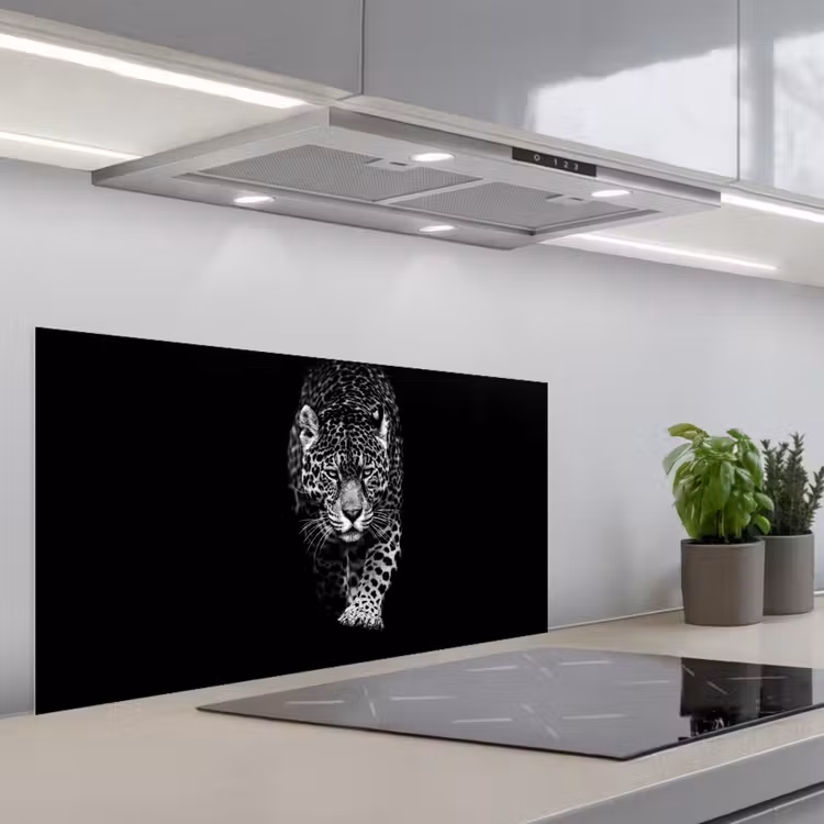 Dieren - Zwart - Luipaard - Wit - Wild keuken achterwand spatscherm middel -3d_schuin