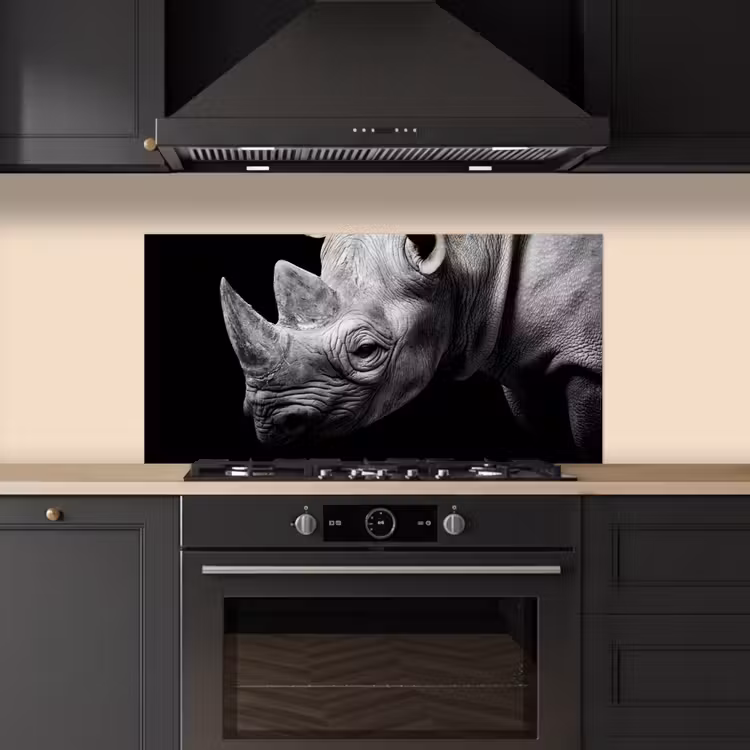 Dieren - Neushoorn - Zwart - Wit - Portret keuken achterwand spatscherm middel -sfeer1
