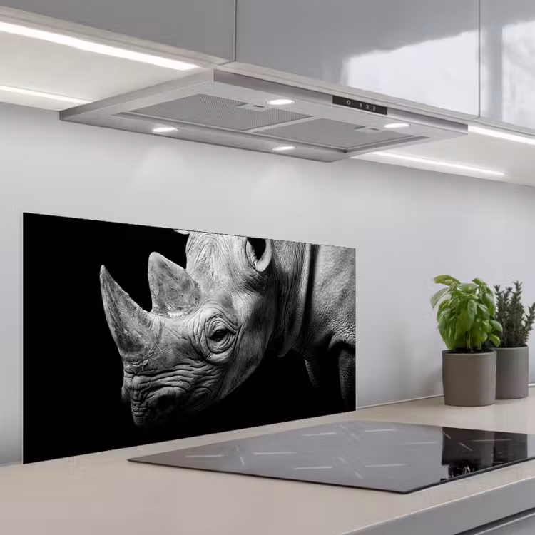 Dieren - Neushoorn - Zwart - Wit - Portret keuken achterwand spatscherm middel -3d_schuin