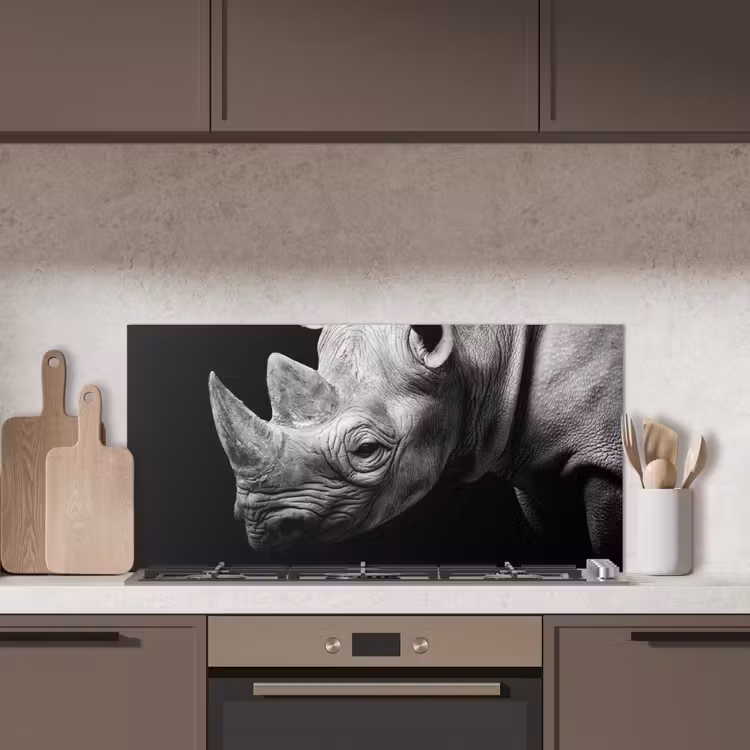 Dieren - Neushoorn - Zwart - Wit - Portret keuken achterwand spatscherm middel -sfeer2