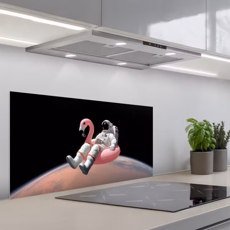 Astronaut - Flamingo - Zwemband - Roze keuken achterwand spatscherm middel -3d_schuin