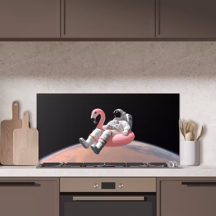 Astronaut - Flamingo - Zwemband - Roze keuken achterwand spatscherm middel -sfeer2