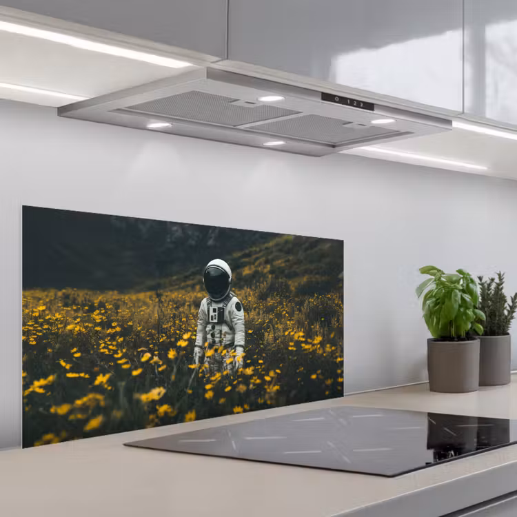 Astronaut - Bloemen - Veld - Geel keuken achterwand spatscherm middel -3d_schuin