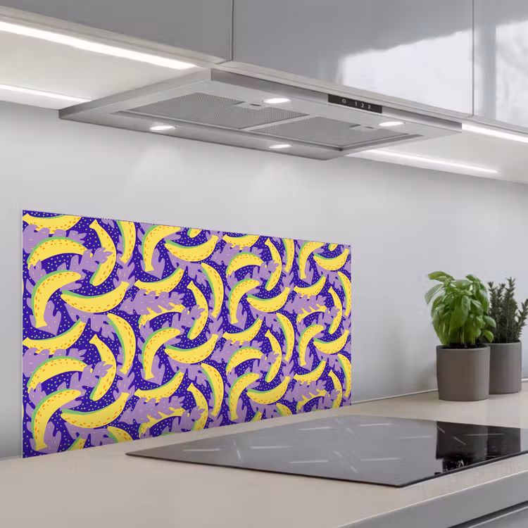 Bananen - Bladeren - Paars keuken achterwand spatscherm middel 899 -3d_schuin