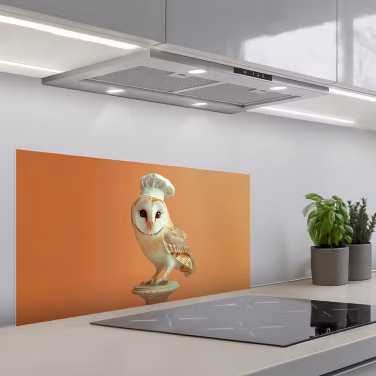 Kerkuil - Koksmuts - Oranje - Vogel keuken achterwand spatscherm middel -3d_schuin