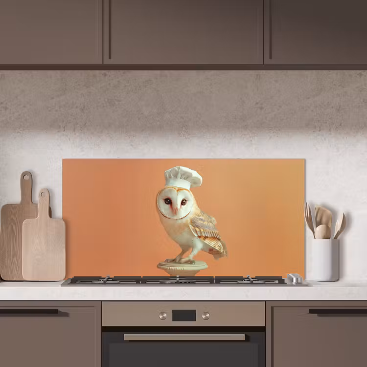 Kerkuil - Koksmuts - Oranje - Vogel keuken achterwand spatscherm middel -sfeer2